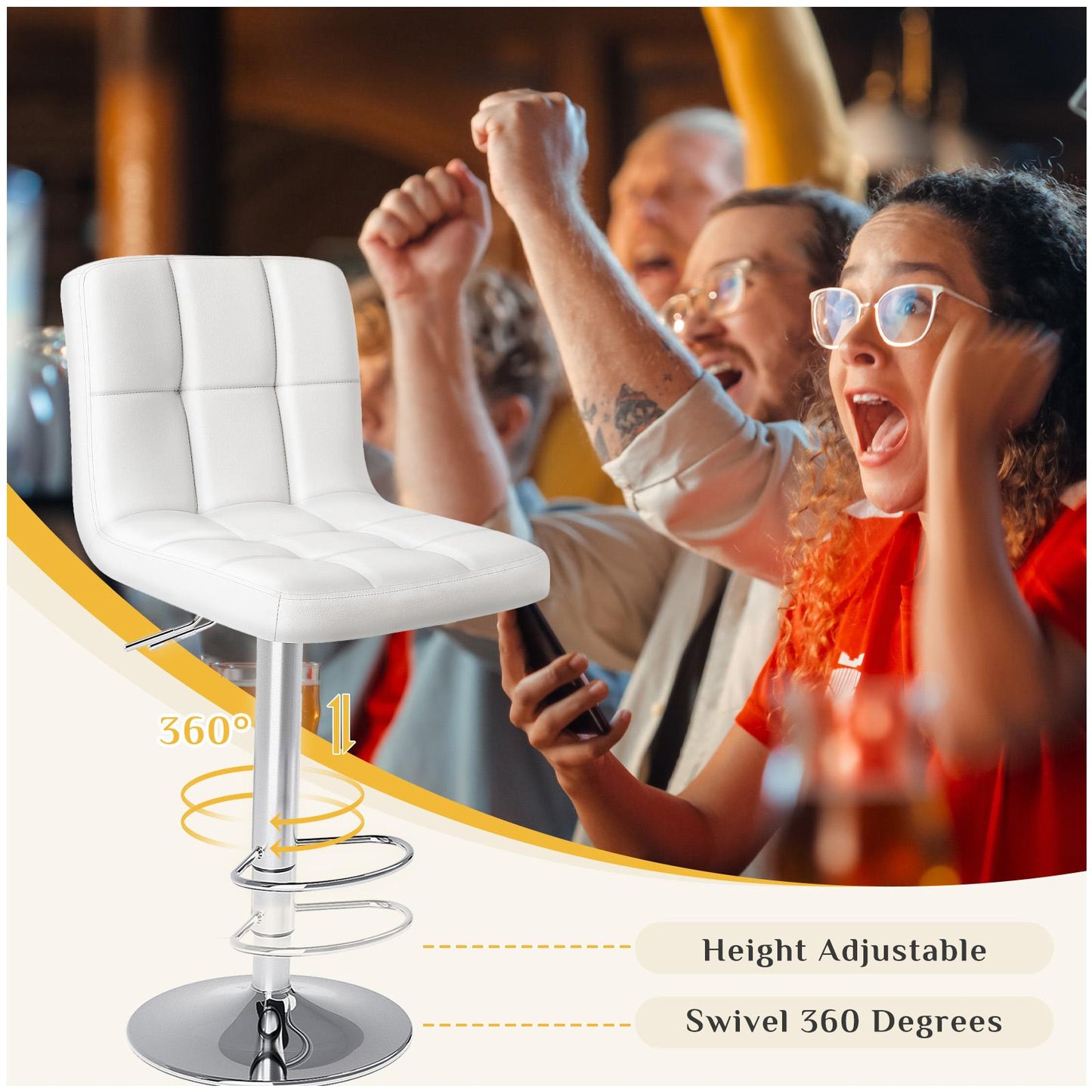 Bar Stools Set of 2, Counter Height Barstools,Square Seat Cushion Barstool with Back, Height Adjustable PU Leather Swivel Barstool ,White