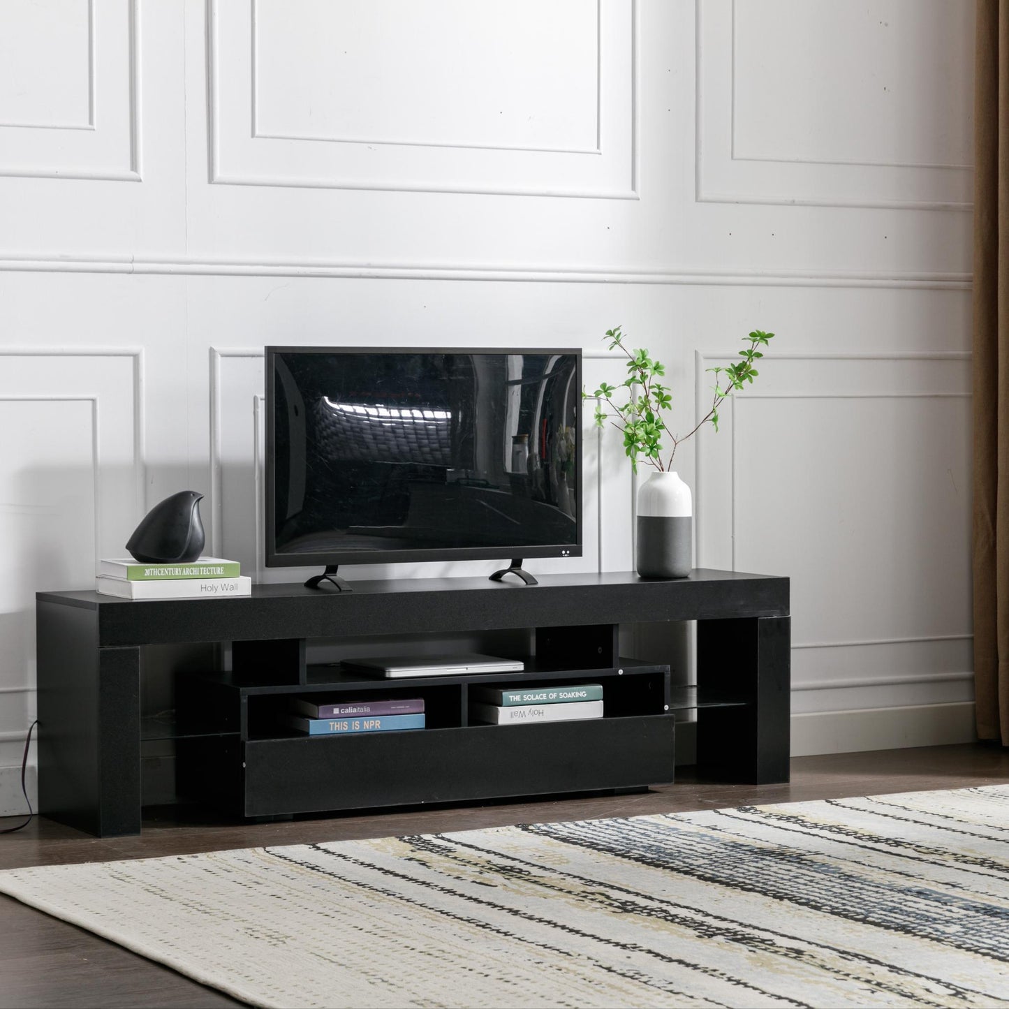 63-inch Modern High-Gloss TV Stand for 65/70-inch TVs – Entertainment Center with Storage Drawer & RGB LED Lighting