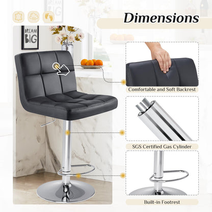 Bar Stools Set of 2, Counter Height Barstools,Square Seat Cushion Barstool with Back, Height Adjustable PU Leather Swivel Barstool ,White