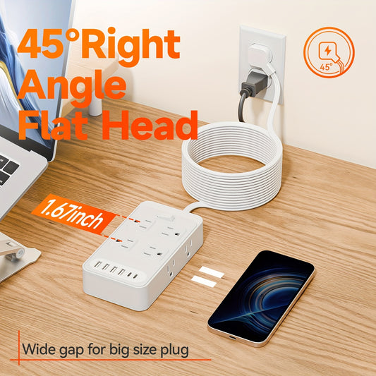 Compact Surge Protector Power Strip with 8 AC Outlets & 6 USB Ports (4 USB A & 2 USB C), 3-Inch Short Extension Cord, 45° Right Angle Flat Head Design for Home, Office, Dorm, and Travel, Dorm Room Organizer | Modern Tech Acc