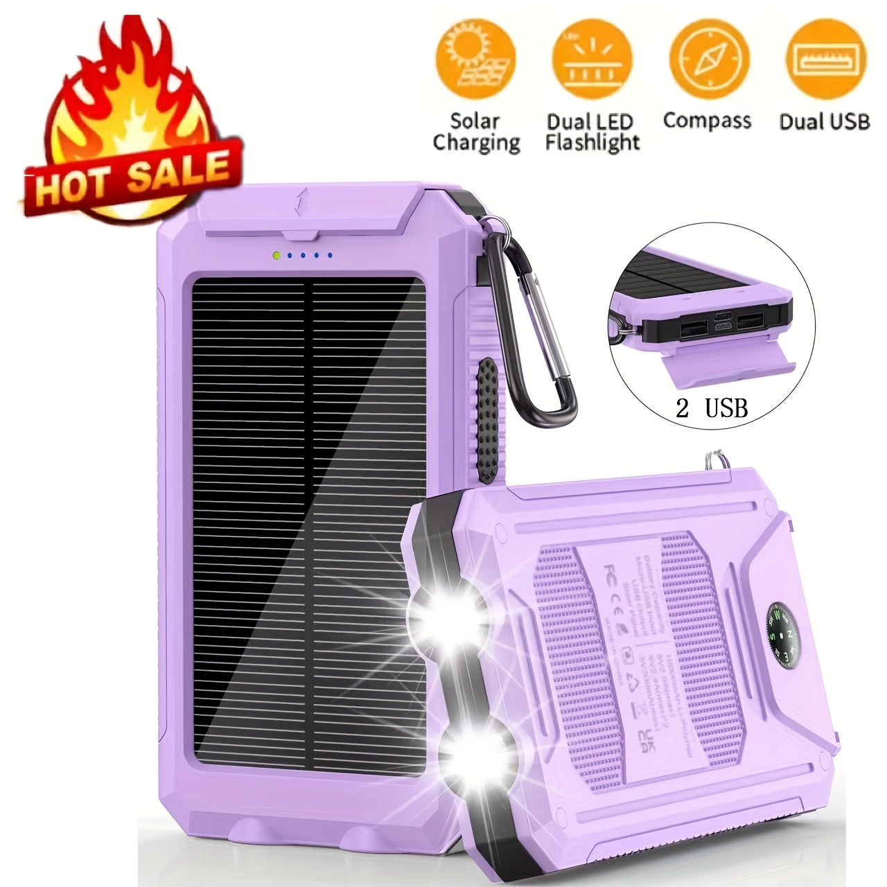 10000mAh/20000mAh Solar Powered Power Bank with Flashlight/USB/Type-C/Micro Interface/compass for Mobile Digital Electronics Devices, Durable and Long-lasting, Travel Camping, LED Flashlight, Hiking Buckle. The Best Gift for