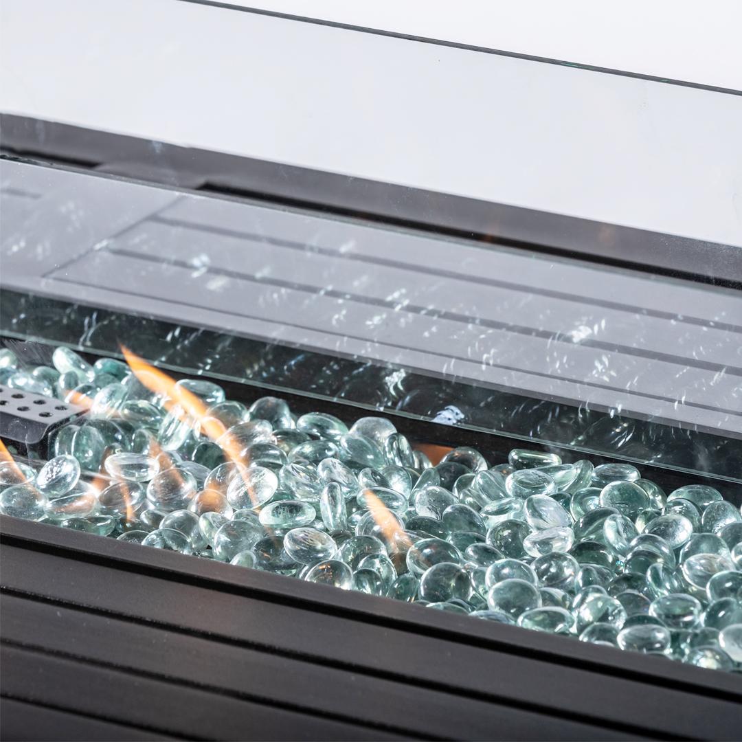 57IN Aluminum Fire Table with Glass Wind Guard with Cover and Table Lid, Bronze, Rectangular