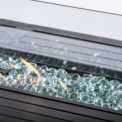 57IN Aluminum Fire Table with Glass Wind Guard with Cover and Table Lid, Bronze, Rectangular