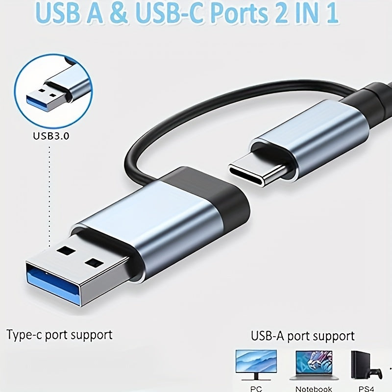USB C Adapter, 7-in-1 USB Extender With Aluminum Alloy Housing, USB 3.0 Splitter With 1 USB 3.0, 4 USB 2.0 And 2 USB C Ports, For Electronics, Computers And Accessories, Peripherals, Port Adapters