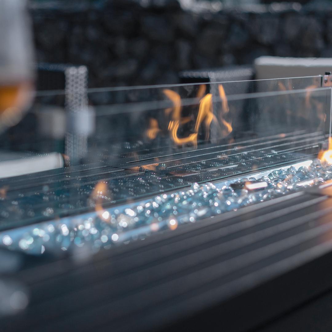 57IN Aluminum Fire Table with Glass Wind Guard with Cover and Table Lid, Bronze, Rectangular