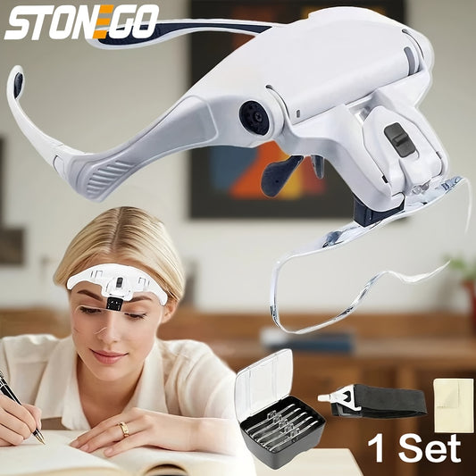Head-Mounted Magnifier - LED Illumination, Adjustable Headband, Battery Powered with 5 Interchangeable Lenses 1.0X, 1.5X, 2.0X, 3.0X, 4.0X for Reading, Repairing, Jewelry Making, Electronics Maintenance, and Fine Work - Light