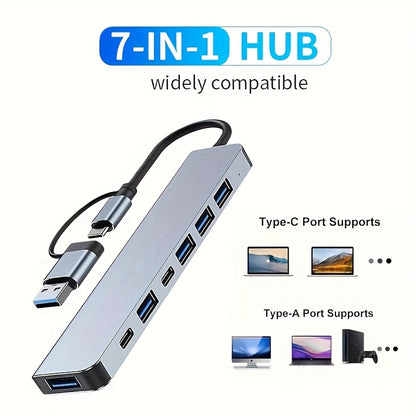 USB C Adapter, 7-in-1 USB Extender With Aluminum Alloy Housing, USB 3.0 Splitter With 1 USB 3.0, 4 USB 2.0 And 2 USB C Ports, For Electronics, Computers And Accessories, Peripherals, Port Adapters