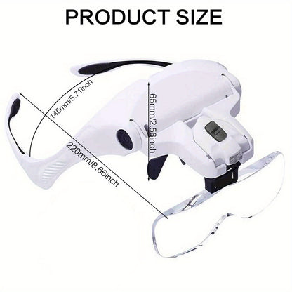 Head-Mounted Magnifier - LED Illumination, Adjustable Headband, Battery Powered with 5 Interchangeable Lenses 1.0X, 1.5X, 2.0X, 3.0X, 4.0X for Reading, Repairing, Jewelry Making, Electronics Maintenance, and Fine Work - Light