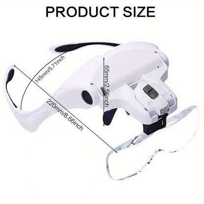 Head-Mounted Magnifier - LED Illumination, Adjustable Headband, Battery Powered with 5 Interchangeable Lenses 1.0X, 1.5X, 2.0X, 3.0X, 4.0X for Reading, Repairing, Jewelry Making, Electronics Maintenance, and Fine Work - Light