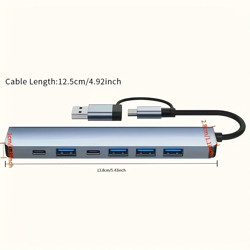 USB C Adapter, 7-in-1 USB Extender With Aluminum Alloy Housing, USB 3.0 Splitter With 1 USB 3.0, 4 USB 2.0 And 2 USB C Ports, For Electronics, Computers And Accessories, Peripherals, Port Adapters