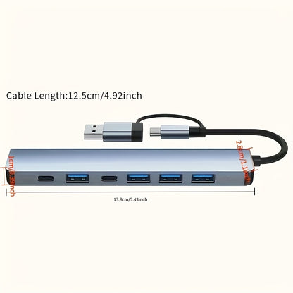 USB C Adapter, 7-in-1 USB Extender With Aluminum Alloy Housing, USB 3.0 Splitter With 1 USB 3.0, 4 USB 2.0 And 2 USB C Ports, For Electronics, Computers And Accessories, Peripherals, Port Adapters