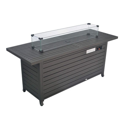 57IN Aluminum Fire Table with Glass Wind Guard with Cover and Table Lid, Bronze, Rectangular