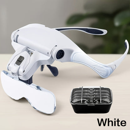 Head-Mounted Magnifier - LED Illumination, Adjustable Headband, Battery Powered with 5 Interchangeable Lenses 1.0X, 1.5X, 2.0X, 3.0X, 4.0X for Reading, Repairing, Jewelry Making, Electronics Maintenance, and Fine Work - Light