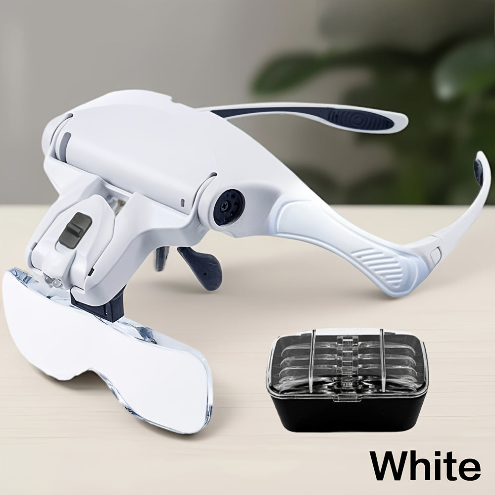 Head-Mounted Magnifier - LED Illumination, Adjustable Headband, Battery Powered with 5 Interchangeable Lenses 1.0X, 1.5X, 2.0X, 3.0X, 4.0X for Reading, Repairing, Jewelry Making, Electronics Maintenance, and Fine Work - Light
