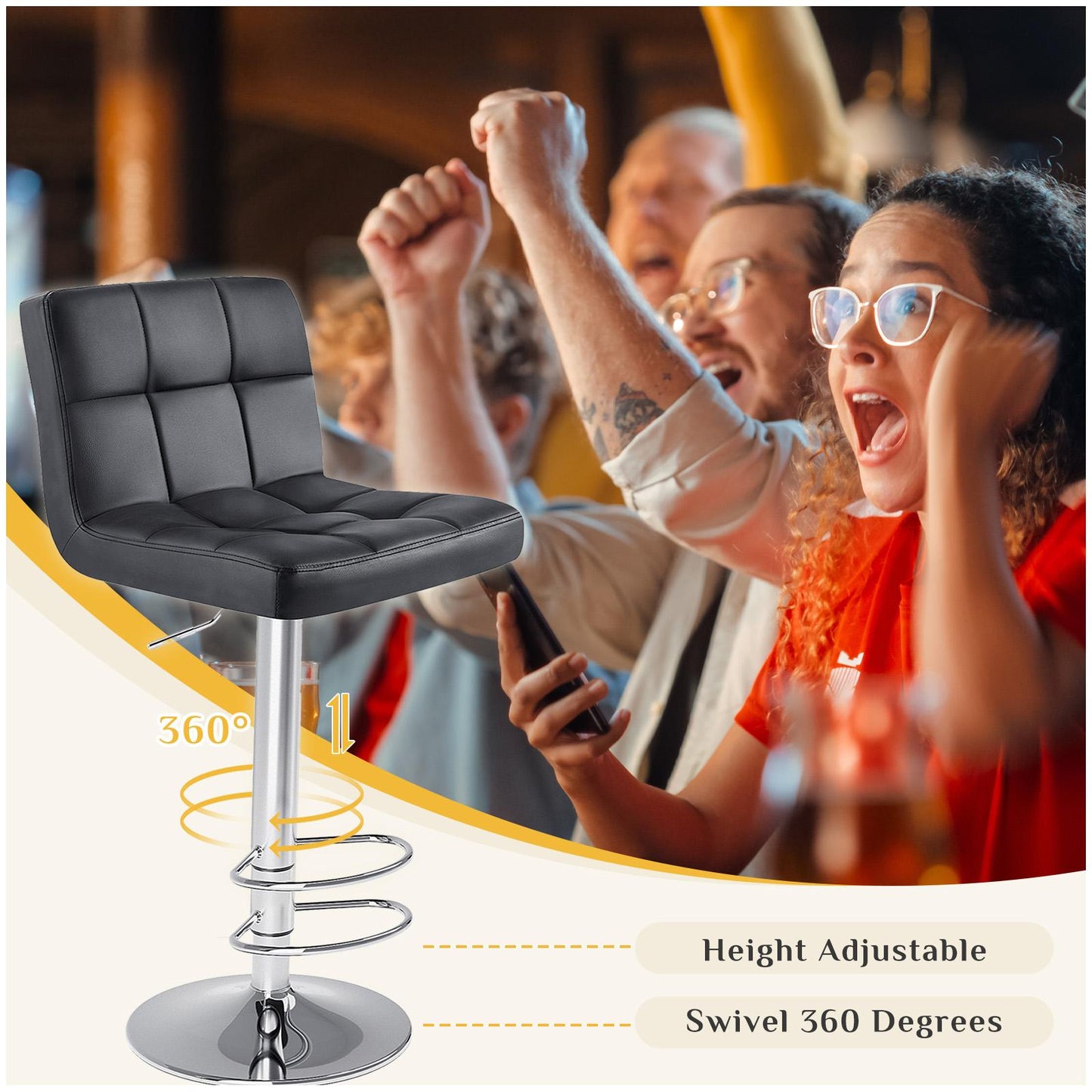 Bar Stools Set of 2, Counter Height Barstools,Square Seat Cushion Barstool with Back, Height Adjustable PU Leather Swivel Barstool ,White