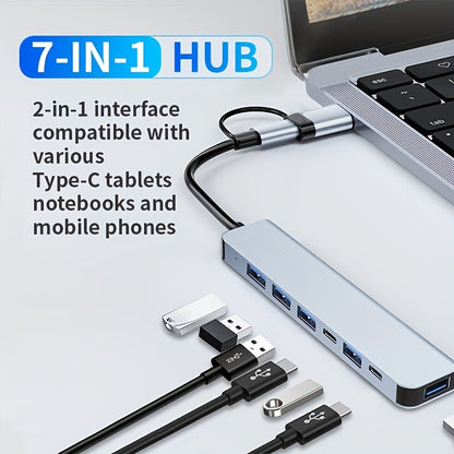 USB C Adapter, 7-in-1 USB Extender With Aluminum Alloy Housing, USB 3.0 Splitter With 1 USB 3.0, 4 USB 2.0 And 2 USB C Ports, For Electronics, Computers And Accessories, Peripherals, Port Adapters
