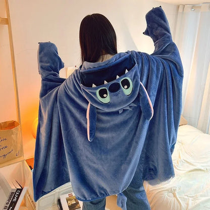 Comfortable Stitch Hooded Blanket Cartoon Anime Thickened Cloak Flannel Nap Sleeping Indoor Warm Stitch Blanket Gifts Girl