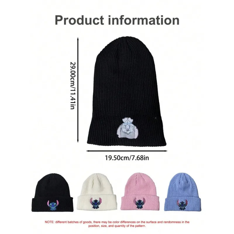 Stitch Knit Hat Cartoon Embroidered Benie Cap Cute Unisex Warm Stretchy Hats Christmas Gift for Adult Kids Outdoor Thermal Caps