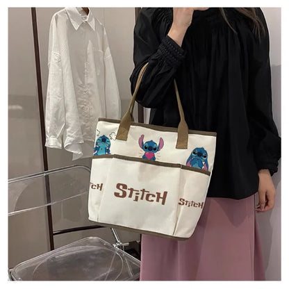 Stitch Shoulder Bag Cartoon Cute Characters Retro Women's Commuter Large Capacity Zipper Canvas Tote Bag Storage Daily Outfit