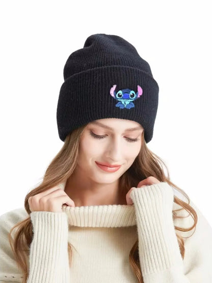 1pc Stitch Knit Hat Cartoon Embroidered Benie Cap Cute Unisex Warm Stretchy Hats Birthday Gift for Adult Outdoor Thermal Caps