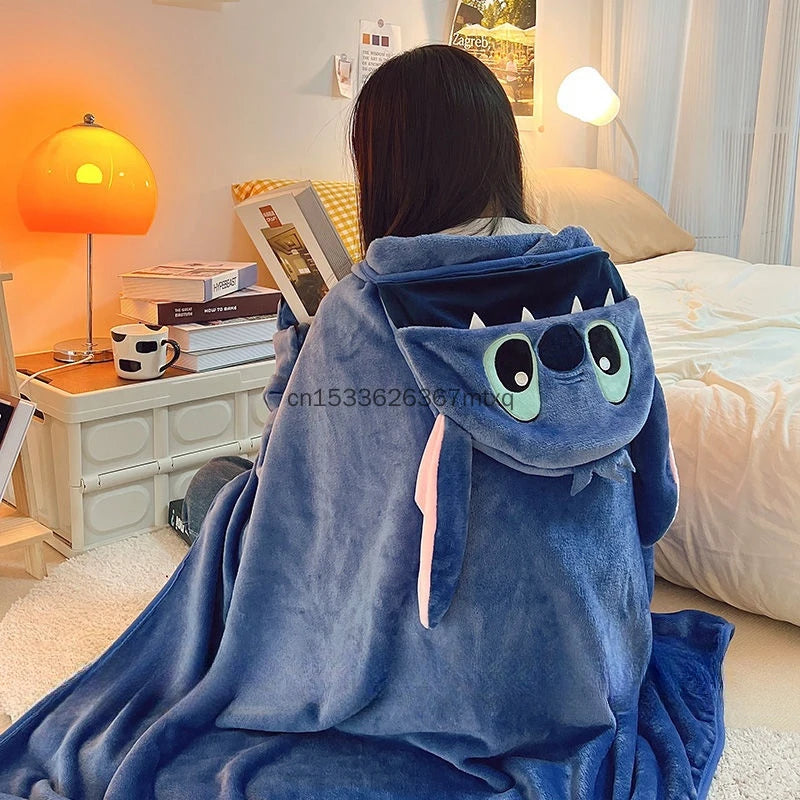 Comfortable Stitch Hooded Blanket Cartoon Anime Thickened Cloak Flannel Nap Sleeping Indoor Warm Stitch Blanket Gifts Girl