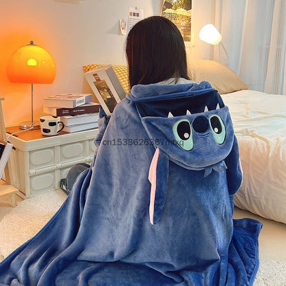 Comfortable Stitch Hooded Blanket Cartoon Anime Thickened Cloak Flannel Nap Sleeping Indoor Warm Stitch Blanket Gifts Girl