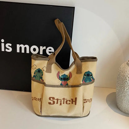 Stitch Shoulder Bag Cartoon Cute Characters Retro Women's Commuter Large Capacity Zipper Canvas Tote Bag Storage Daily Outfit