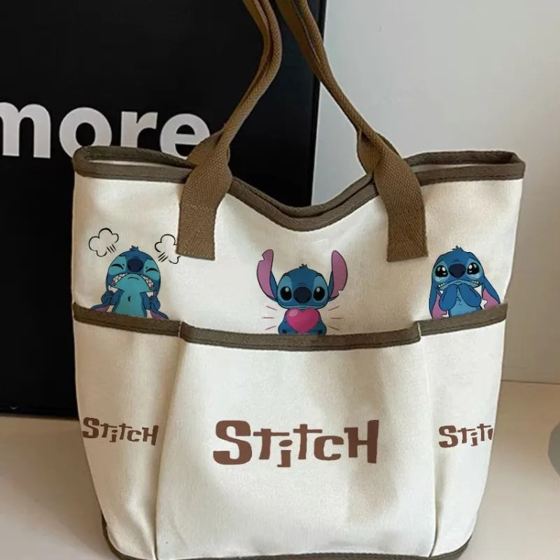 Stitch Shoulder Bag Cartoon Cute Characters Retro Women's Commuter Large Capacity Zipper Canvas Tote Bag Storage Daily Outfit