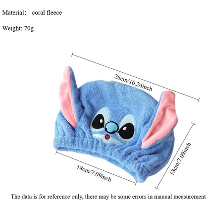 Stitch Super Absorbent Drying Cap - Thickened Coral Fleece Quick-Drying Shower Cap, Cute Cartoon Hair Towel, with Elastic Band