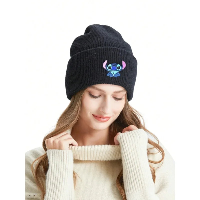 Stitch Knit Hat Cartoon Embroidered Benie Cap Cute Unisex Warm Stretchy Hats Christmas Gift for Adult Kids Outdoor Thermal Caps