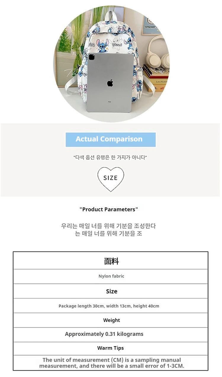 Cartoon Stitch Student Schoolbag Nylon Printed Versatile Large Capacity Lightweight Student Casual Bag Backpack Back to school