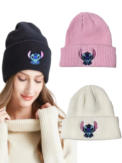 1pc Stitch Knit Hat Cartoon Embroidered Benie Cap Cute Unisex Warm Stretchy Hats Birthday Gift for Adult Outdoor Thermal Caps
