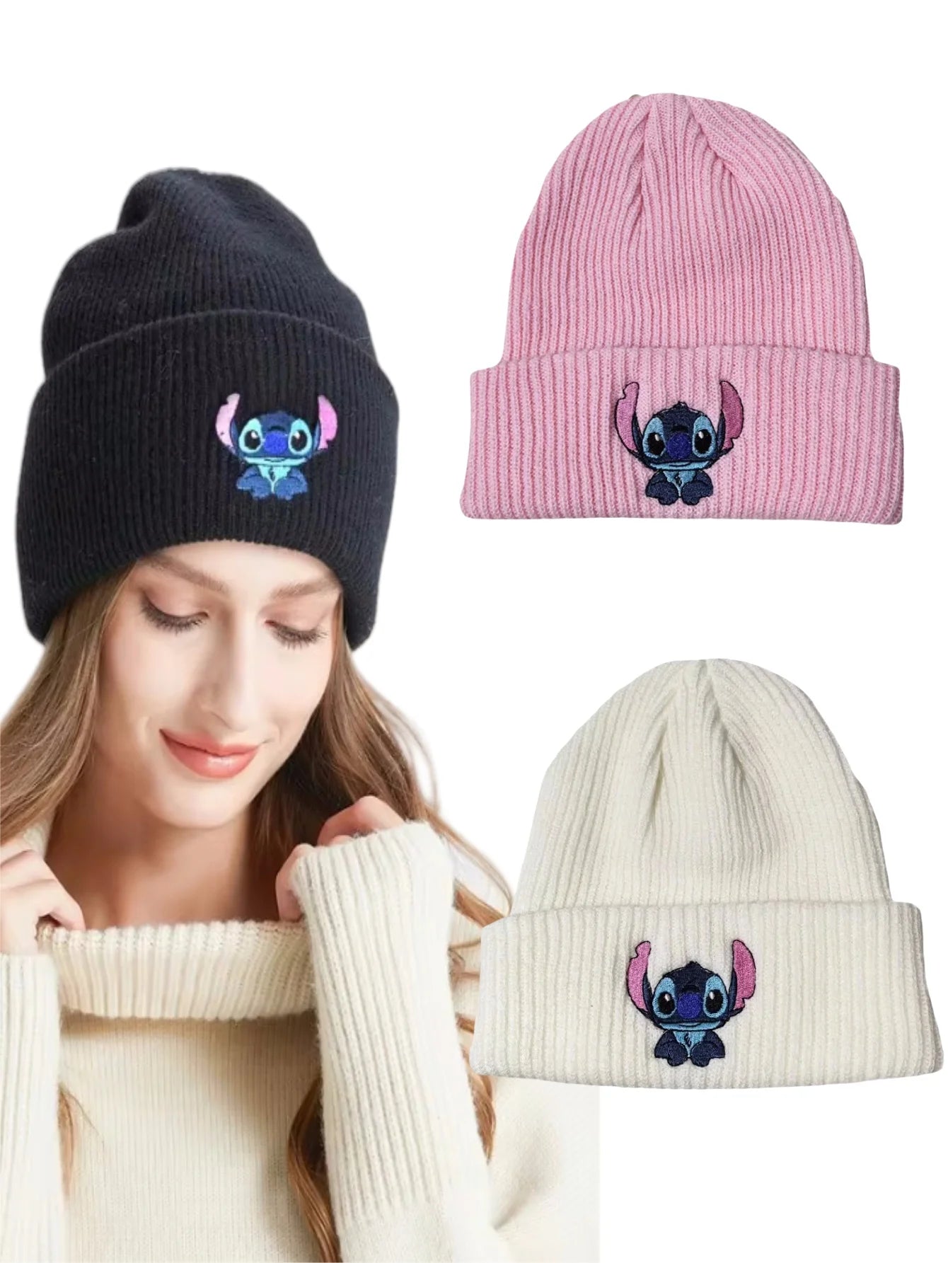 1pc Stitch Knit Hat Cartoon Embroidered Benie Cap Cute Unisex Warm Stretchy Hats Birthday Gift for Adult Outdoor Thermal Caps