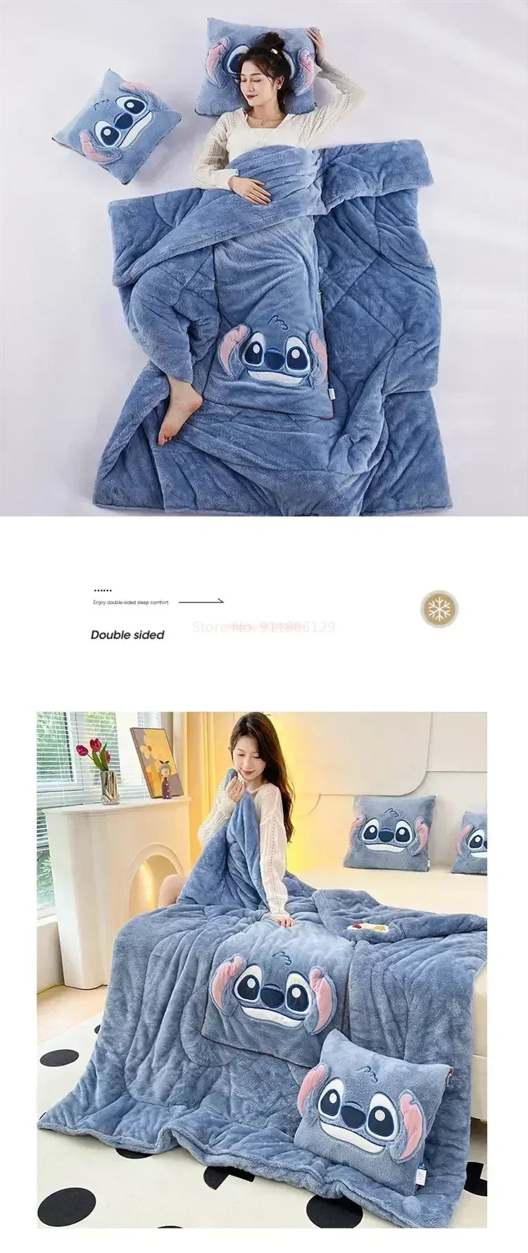 Stitch Throw Pillow Blankets Two In One Kawaii Flannel Thickened Nap Blanket Living Room Kids Bedroom Decoration Girl Gift