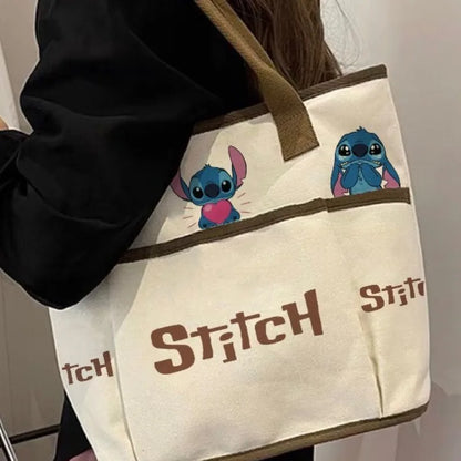 Stitch Shoulder Bag Cartoon Cute Characters Retro Women's Commuter Large Capacity Zipper Canvas Tote Bag Storage Daily Outfit