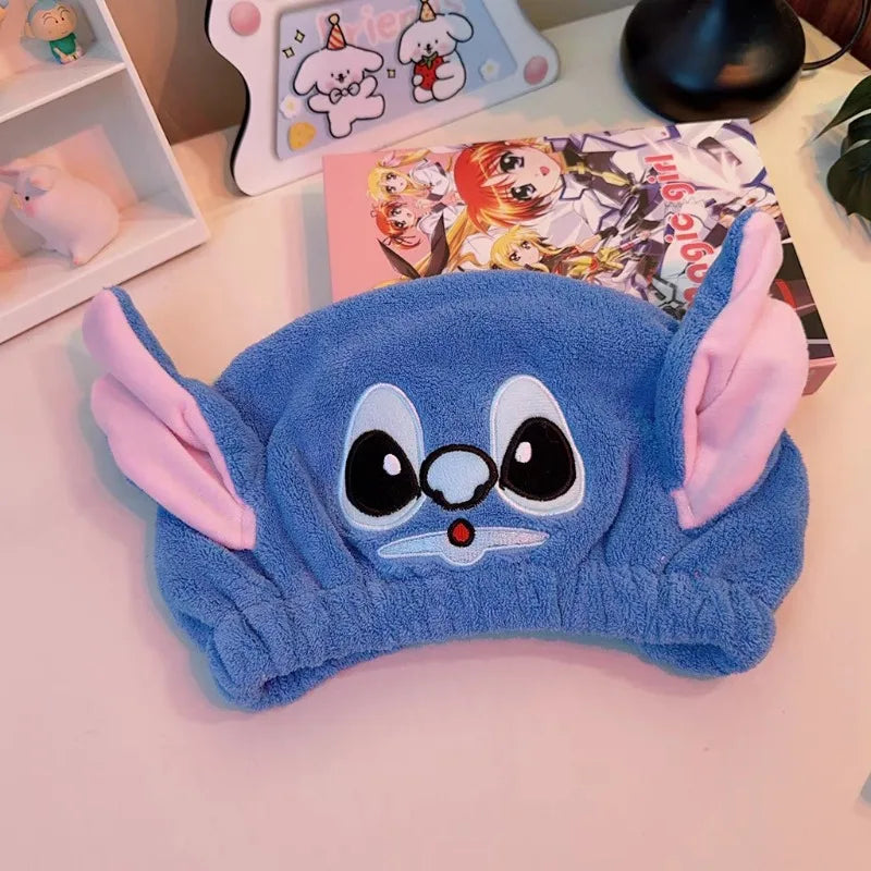 Stitch Super Absorbent Drying Cap - Thickened Coral Fleece Quick-Drying Shower Cap, Cute Cartoon Hair Towel, with Elastic Band