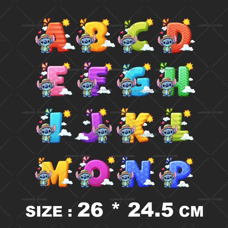 Cartoon Stitch Patches for Clothes Heat Transfer Patch On Clothing Stickers DIY T-Shirt Hoodies Accessory A-Z 26 English Letters