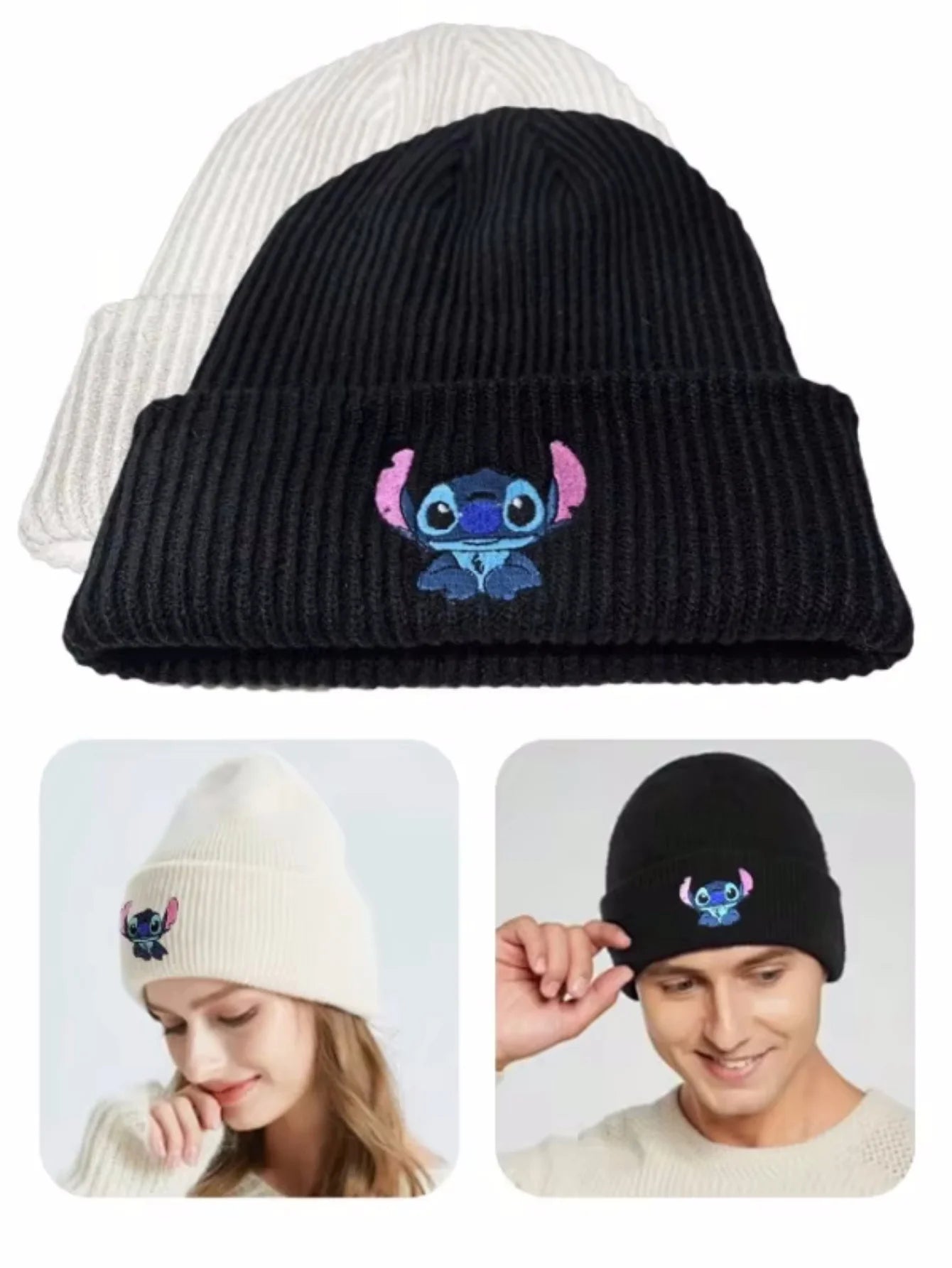 1pc Stitch Knit Hat Cartoon Embroidered Benie Cap Cute Unisex Warm Stretchy Hats Birthday Gift for Adult Outdoor Thermal Caps