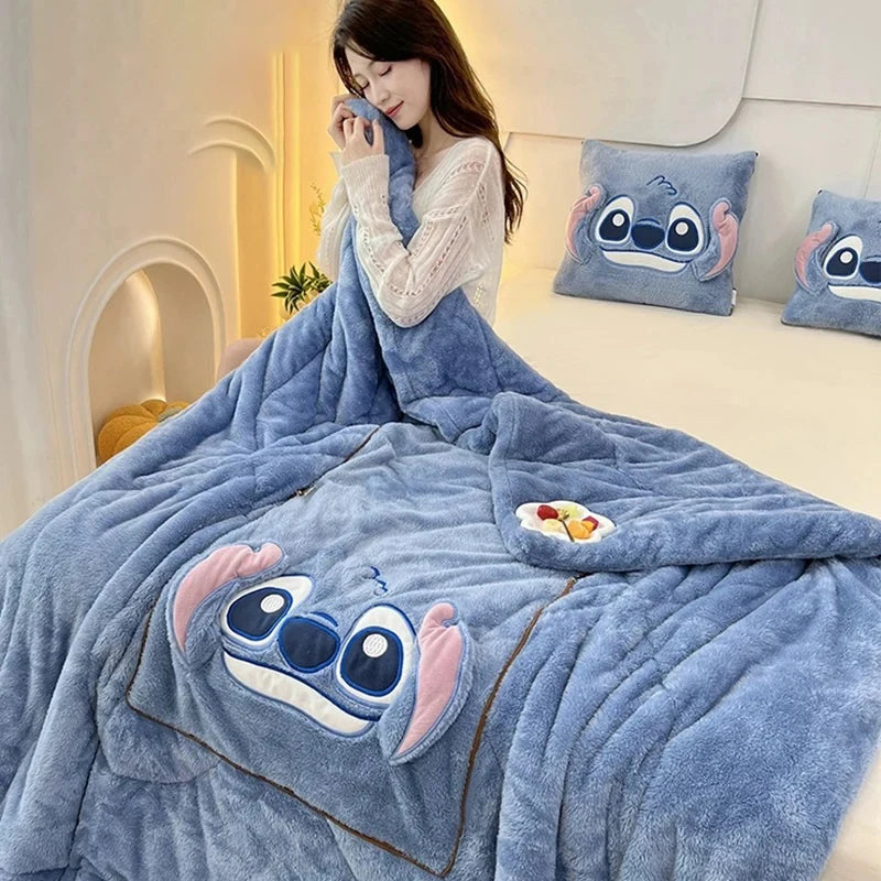 Stitch Throw Pillow Blankets Two In One Kawaii Flannel Thickened Nap Blanket Living Room Kids Bedroom Decoration Girl Gift