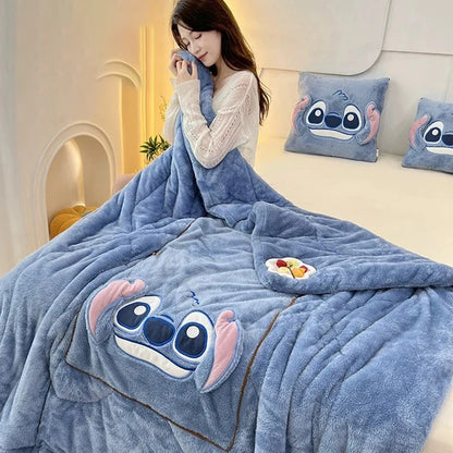 Stitch Throw Pillow Blankets Two In One Kawaii Flannel Thickened Nap Blanket Living Room Kids Bedroom Decoration Girl Gift