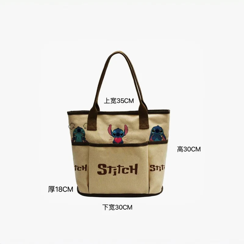 Stitch Shoulder Bag Cartoon Cute Characters Retro Women's Commuter Large Capacity Zipper Canvas Tote Bag Storage Daily Outfit