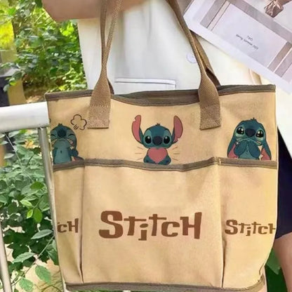 Stitch Shoulder Bag Cartoon Cute Characters Retro Women's Commuter Large Capacity Zipper Canvas Tote Bag Storage Daily Outfit
