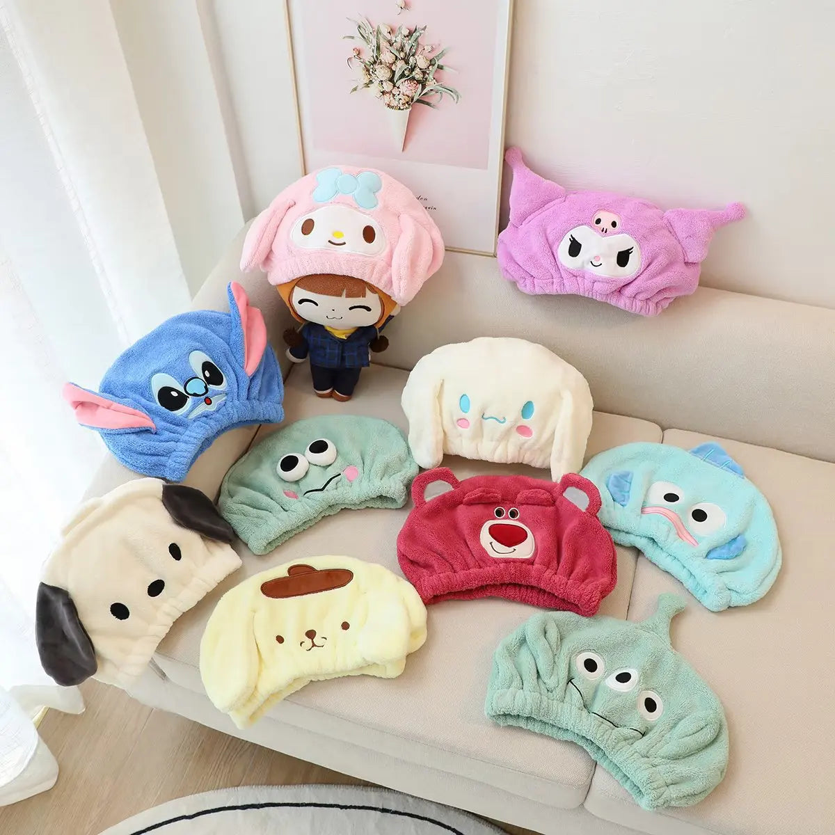 Stitch Super Absorbent Drying Cap - Thickened Coral Fleece Quick-Drying Shower Cap, Cute Cartoon Hair Towel, with Elastic Band