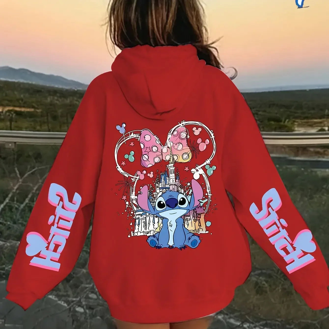 Stitch Cartoon Print Hoodie for Girls and Boys Comfy Pink Pullover Casual Loose Fit Perfect Back To School Gift Casual Hoodie