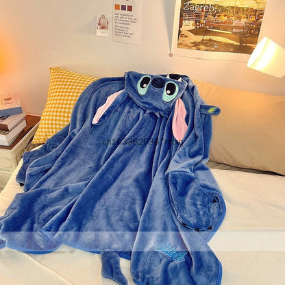 Comfortable Stitch Hooded Blanket Cartoon Anime Thickened Cloak Flannel Nap Sleeping Indoor Warm Stitch Blanket Gifts Girl