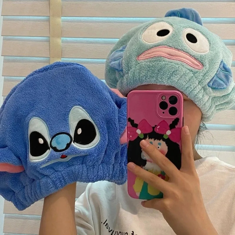 Stitch Super Absorbent Drying Cap - Thickened Coral Fleece Quick-Drying Shower Cap, Cute Cartoon Hair Towel, with Elastic Band