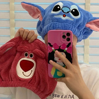 Stitch Super Absorbent Drying Cap - Thickened Coral Fleece Quick-Drying Shower Cap, Cute Cartoon Hair Towel, with Elastic Band