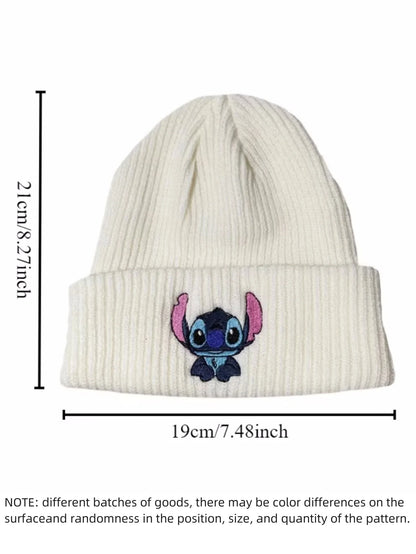 1pc Stitch Knit Hat Cartoon Embroidered Benie Cap Cute Unisex Warm Stretchy Hats Birthday Gift for Adult Outdoor Thermal Caps