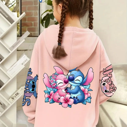 Stitch Cartoon Print Hoodie for Girls and Boys Comfy Pink Pullover Casual Loose Fit Perfect Back To School Gift Casual Hoodie