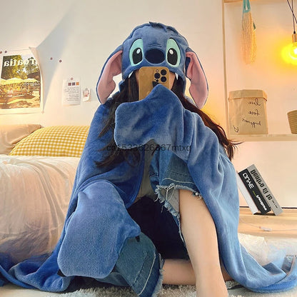 Comfortable Stitch Hooded Blanket Cartoon Anime Thickened Cloak Flannel Nap Sleeping Indoor Warm Stitch Blanket Gifts Girl